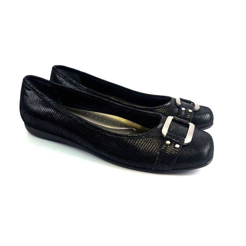 Trotters Sizzle Signature Ballet Flat Slip On Black Leather Buckle Womens 9.5 W